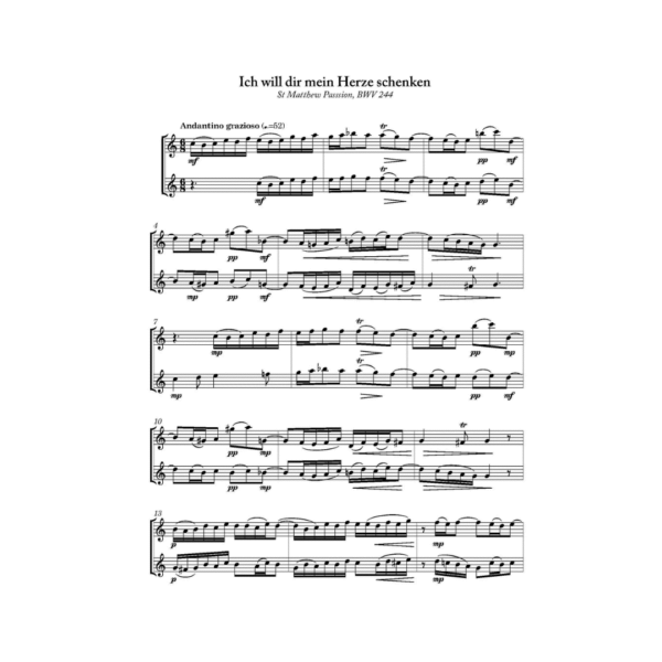 Bach Four Passion Arias for two violins and piano or organ. Arranged by Elisabeth Parry and John Alley. Intermediate-Advanced violin duets with keyboard for worship, church and concert performance.