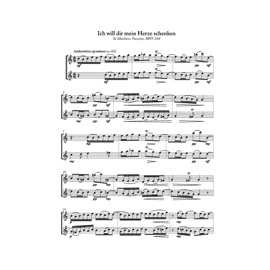 Bach Four Passion Arias for two violins and piano or organ. Arranged by Elisabeth Parry and John Alley. Intermediate-Advanced violin duets with keyboard for worship, church and concert performance.