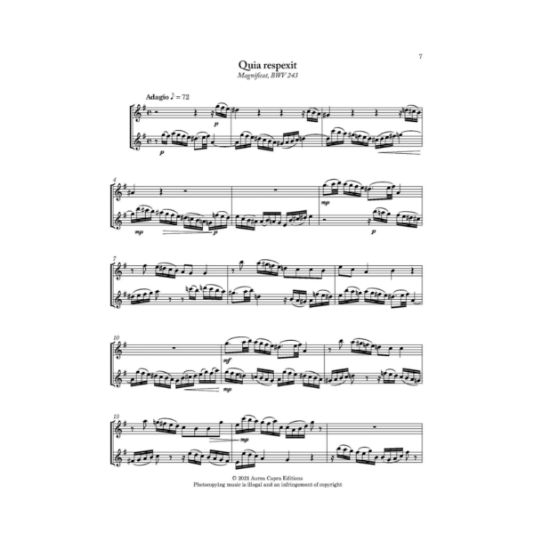 Bach Six Cantata Arias for two flutes and piano or organ. Arranged by Elisabeth Parry and John Alley. Intermediate-Advanced flute duets with keyboard for worship, church and concert performance.