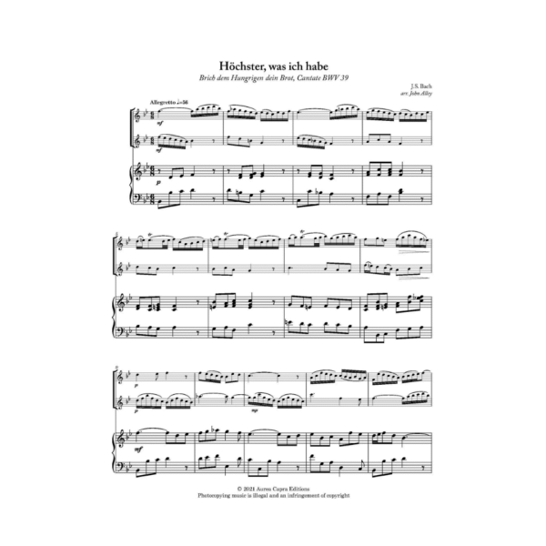 Bach Six Cantata Arias for two flutes and piano or organ. Arranged by Elisabeth Parry and John Alley. Intermediate-Advanced flute duets with keyboard for worship, church and concert performance.