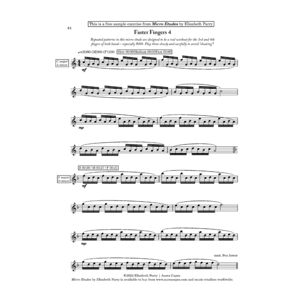 Micro Etudes by Elisabeth Parry. Short melodic technique exercises for flute. Flute sonority, finger exercises, articulation, embouchure exercises.