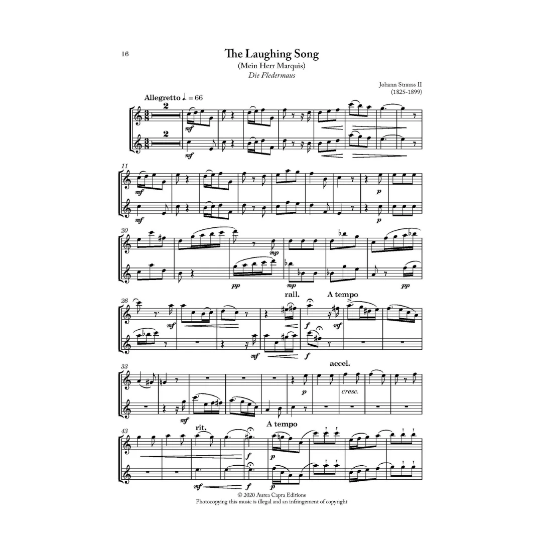 A Night at the Opera Act 2. Opera melodies arranged for two flutes and piano by Elisabeth Parry and John Alley. Intermediate flute duets. Short concert and encore pieces for flute.