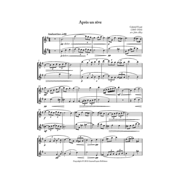 Mélodie. French flute music by Fauré, Chausson, Hahn, and Hüe arranged for two flutes and piano by Elisabeth Parry and John Alley. Intermediate flute duets. Short concert and encore pieces for flute.